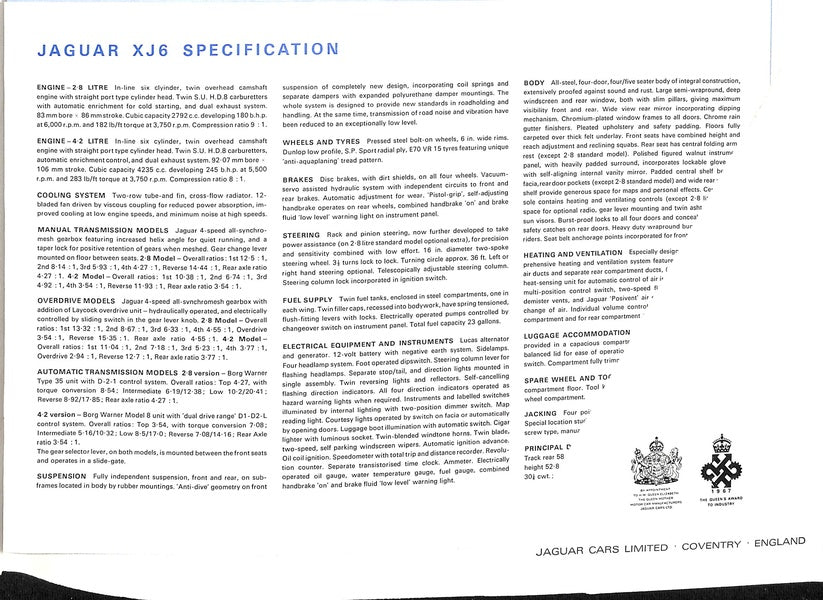 Jaguar XJ6 Series 1 Multi Lingual Brochure, 2.8 and 4.2 Models #9.68 1968 image 4