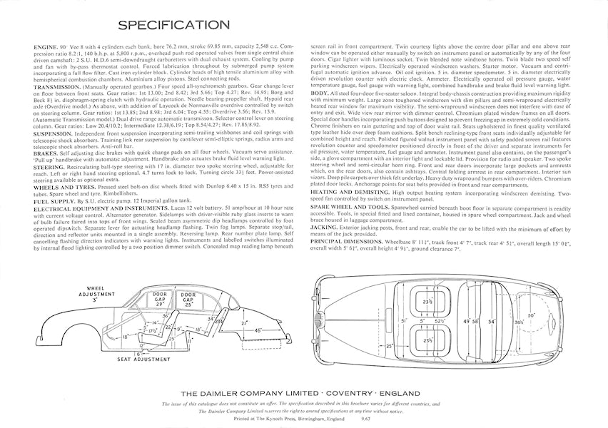 Daimler 250 V8 Foldout Brochure #9.67 1967 image 3