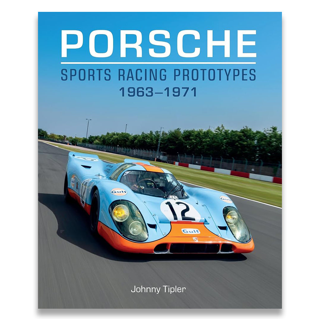 Book cover for 'Porsche Sports Racing Prototypes 1963-1971' by Johnny Tipler, featuring a light blue and orange Porsche racing car on a racetrack under a blue sky.