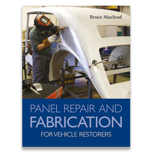 Book cover of 'Panel Repair and Fabrication for Vehicle Restorers' by Bruce Macleod, showing a person working on vehicle restoration.