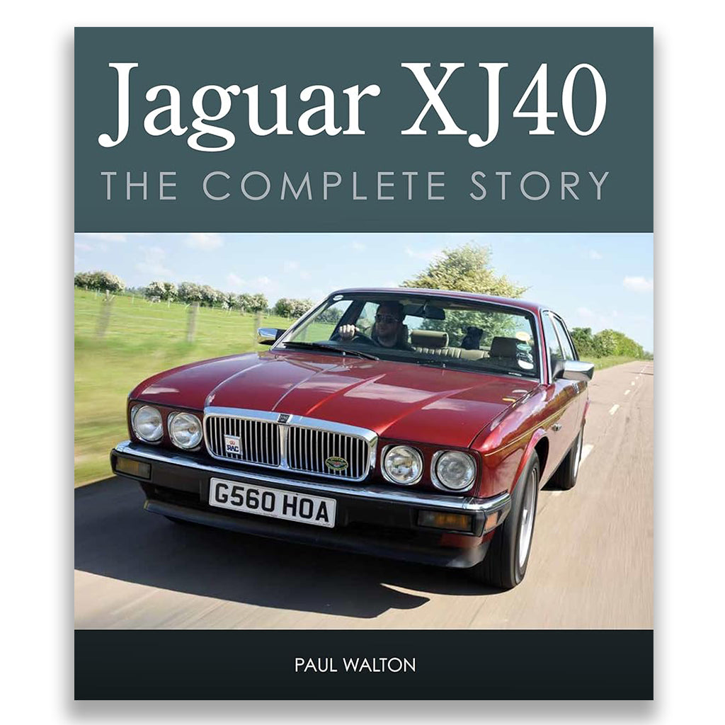 Book cover of 'Jaguar XJ40: The Complete Story' with a red Jaguar car on a road.