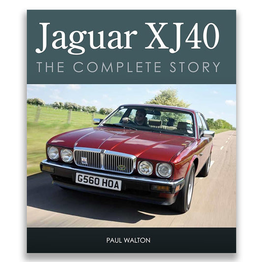 Book cover of 'Jaguar XJ40: The Complete Story' with a red Jaguar car on a road.