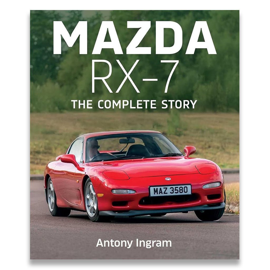 Red Mazda RX-7 car on a road with 'Mazda RX-7: The Complete Story' book cover.