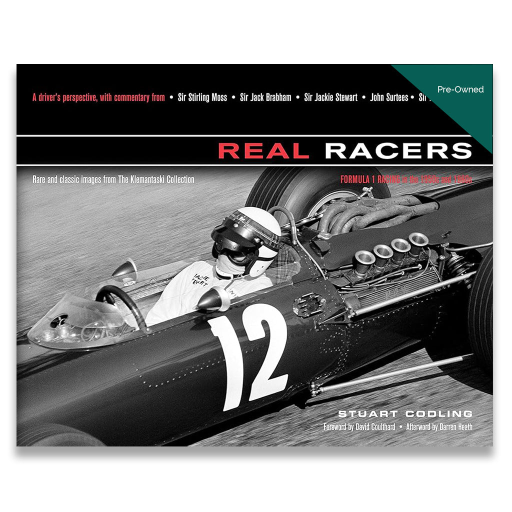 Book cover of 'Real Racers' with a vintage racing car and driver.