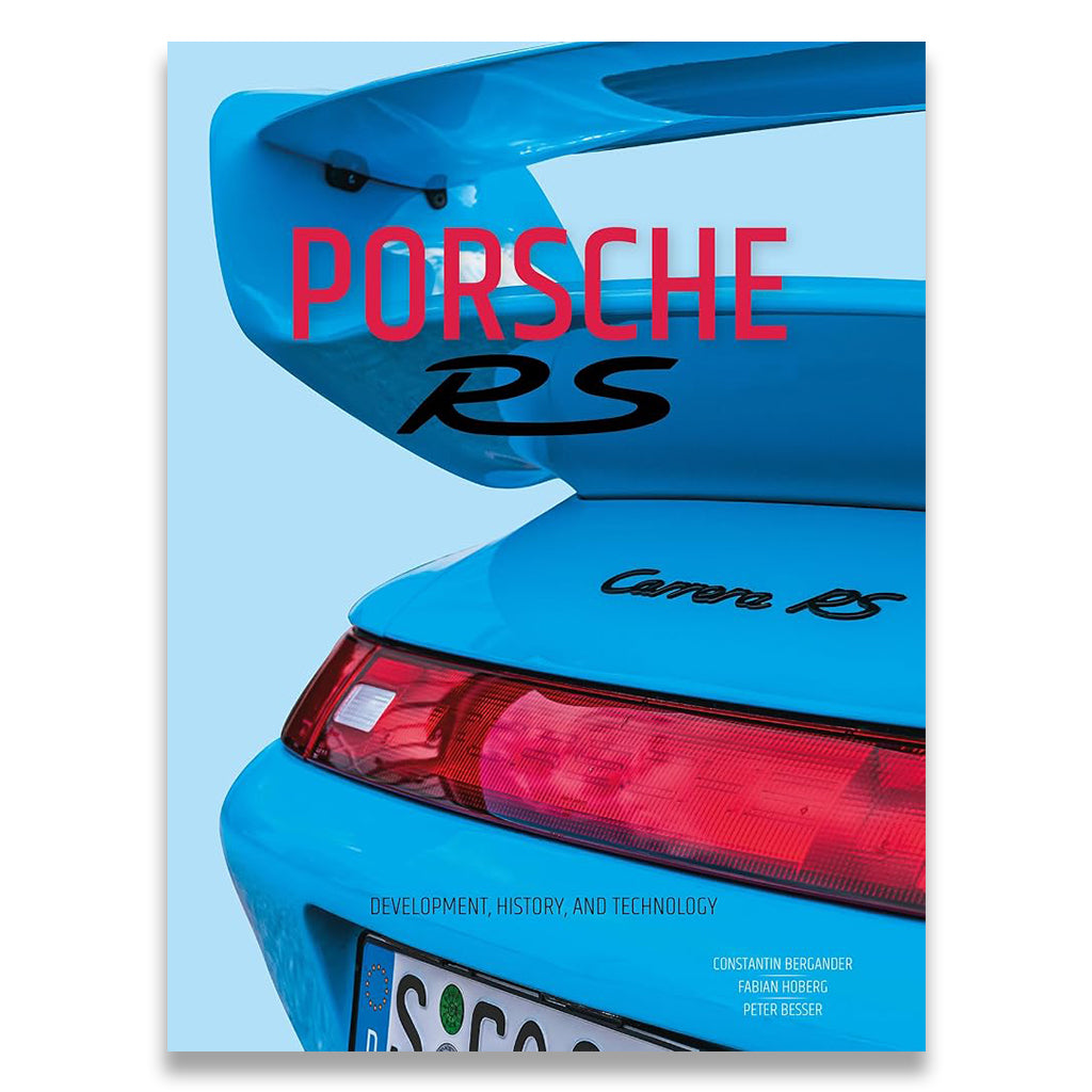 A book cover featuring a close-up photograph of a bright blue Porsche RS car with the rear spoiler, taillight, and trunk visible. Large red text reads 'PORSCHE' across the spoiler, with 'RS' in black script below it.