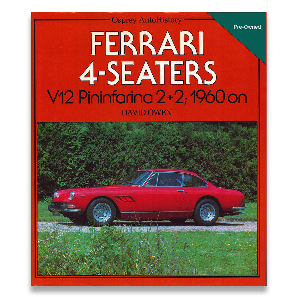 A hardcover book titled 'Ferrari 4-Seaters V12 Pininfarina 2+2, 1960 on' by David Owen, published by Osprey Auto History. The book features a bright orange cover with white and black text, and a photograph of a red Ferrari 2500 M on the front cover.