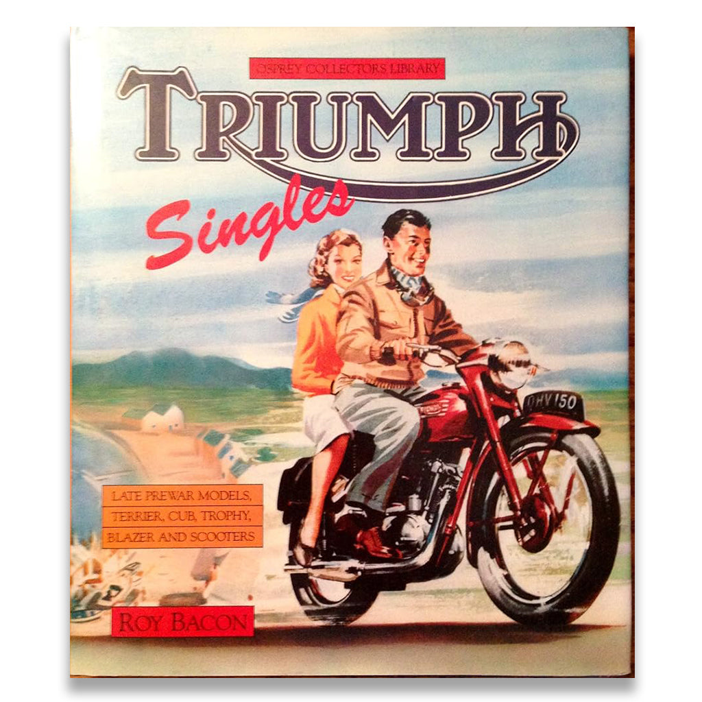 Vintage Triumph motorcycle advertisement with a couple on a motorcycle.