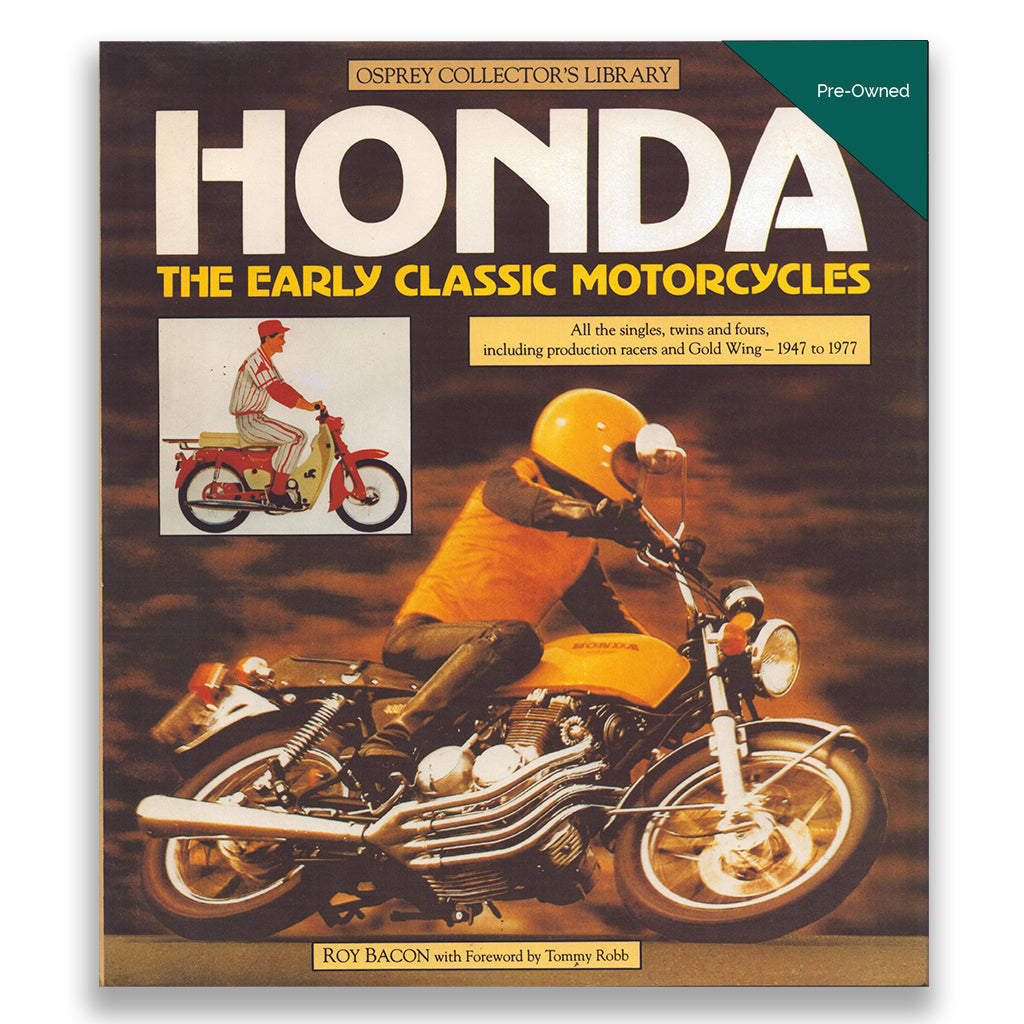 Book cover of 'Honda: The Early Classic Motorcycles' by Roy Bacon, featuring a motorcycle and rider on the cover.