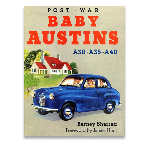 Book cover of 'Post-War Baby Austins' with a blue Austin car and a house in the background.