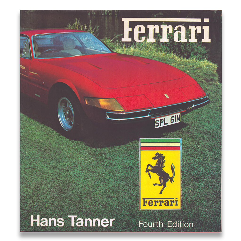 Book cover of 'Ferrari' by Hans Tanner with a red Ferrari car on a grassy background.