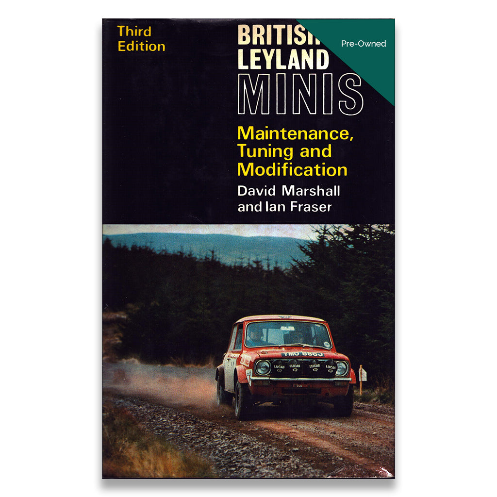 Book cover of 'British Leyland Minis: Maintenance, Tuning and Modification' with a vintage car on a road.