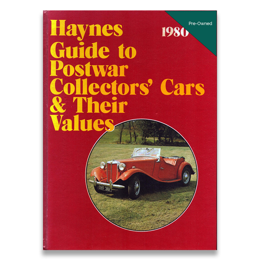 Book titled 'Haynes Guide to Postwar Collectors' Cars & Their Values' with a red cover and circular image of a classic car.