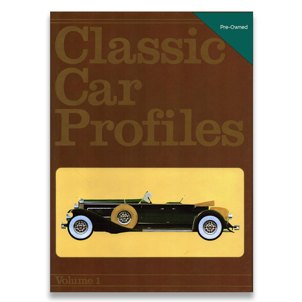 Front cover of the book 'Classic Car Profiles Volume 1' showing a vintage black convertible car illustration on a tan and brown cover, with a teal 'Pre-Owned' label in the top right.