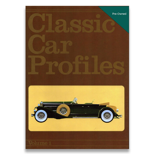 Front cover of the book 'Classic Car Profiles Volume 1' showing a vintage black convertible car illustration on a tan and brown cover, with a teal 'Pre-Owned' label in the top right.