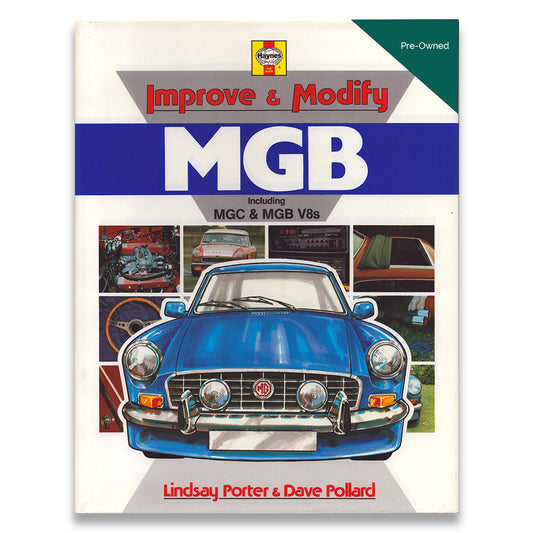 Book cover of 'Improve & Modify MGB' with a blue car illustration on a white background