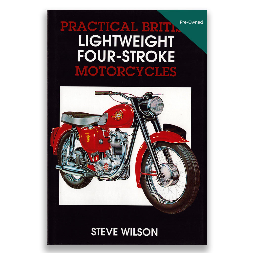 Book cover of 'Practical British Lightweight Four-Stroke Motorcycles' by Steve Wilson with a red motorcycle illustration.