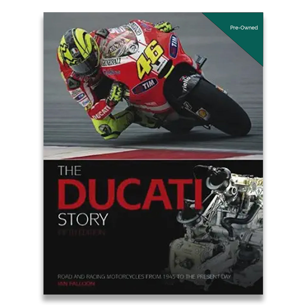 Book cover for 'The Ducati Story' by Ian Hallcom, featuring a racing motorcycle and rider on the top half and a large red 'DUCATI' title with an engine detail on the bottom half.