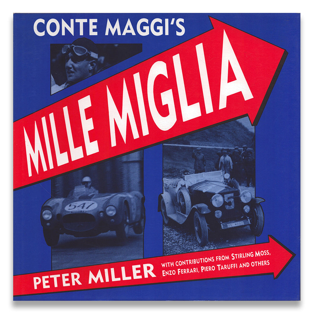 Book cover of 'Mille Miglia' by Peter Miller with racing cars and text on a blue background