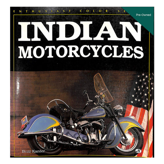 Book cover of 'Indian Motorcycles' with a motorcycle and American flag on a dark background