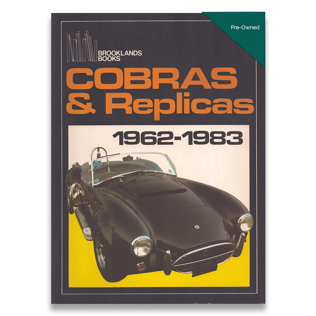 Book cover of 'Cobras & Replicas 1962-1983' by Brooklands Books with a black Cobra car on a yellow background.
