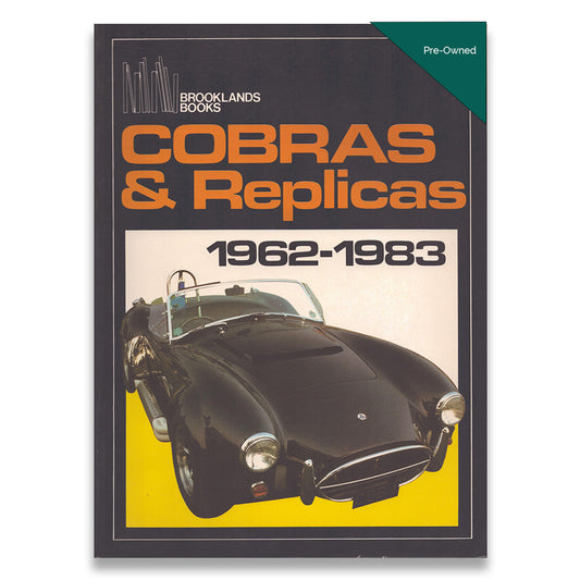 Book cover of 'Cobras & Replicas 1962-1983' by Brooklands Books with a black Cobra car on a yellow background.