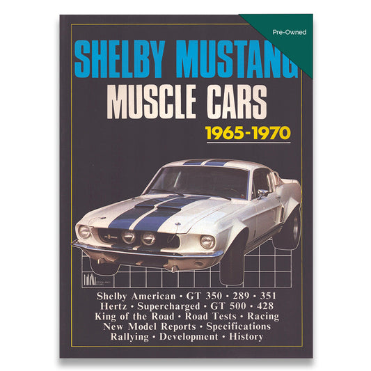 Book cover of 'Shelby Mustang Muscle Cars 1965-1970' with a vintage car illustration on a dark background.