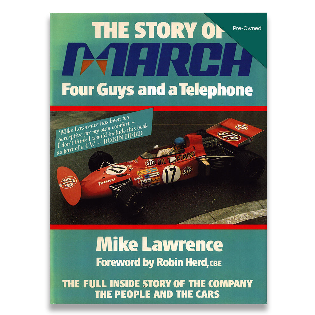 Book cover of 'The Story of March: Four Guys and a Telephone' with a racing car on a green background