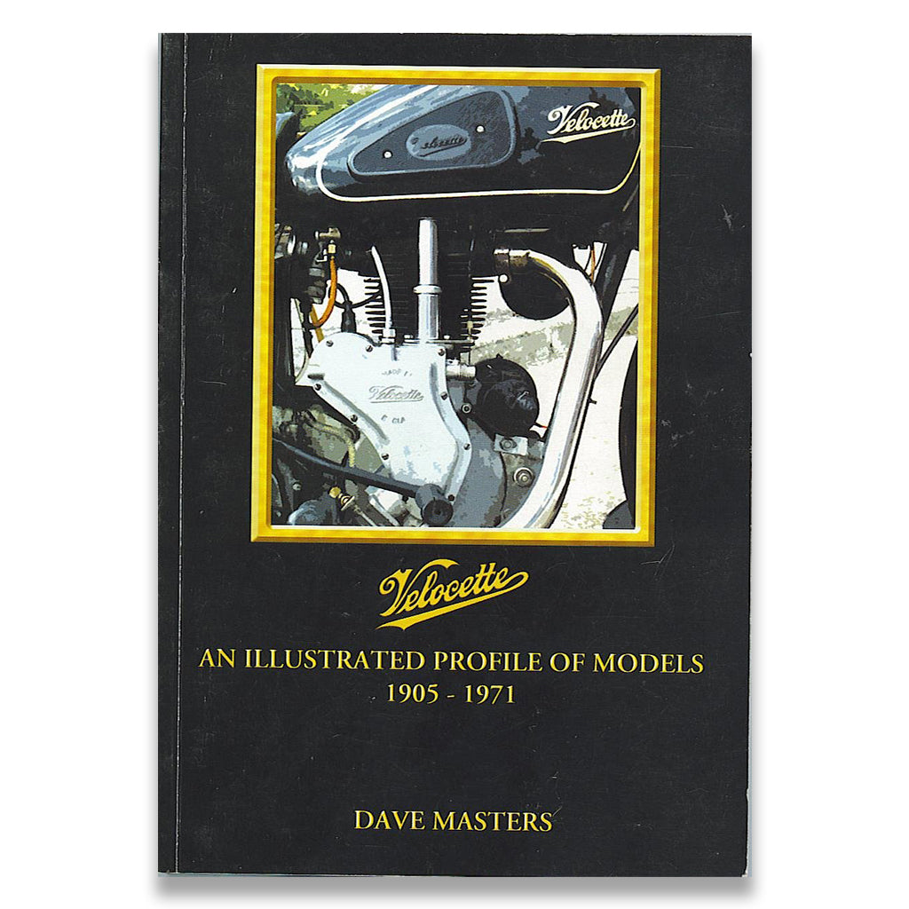 Book cover with Velocette motorcycle engine illustration and text on a black background