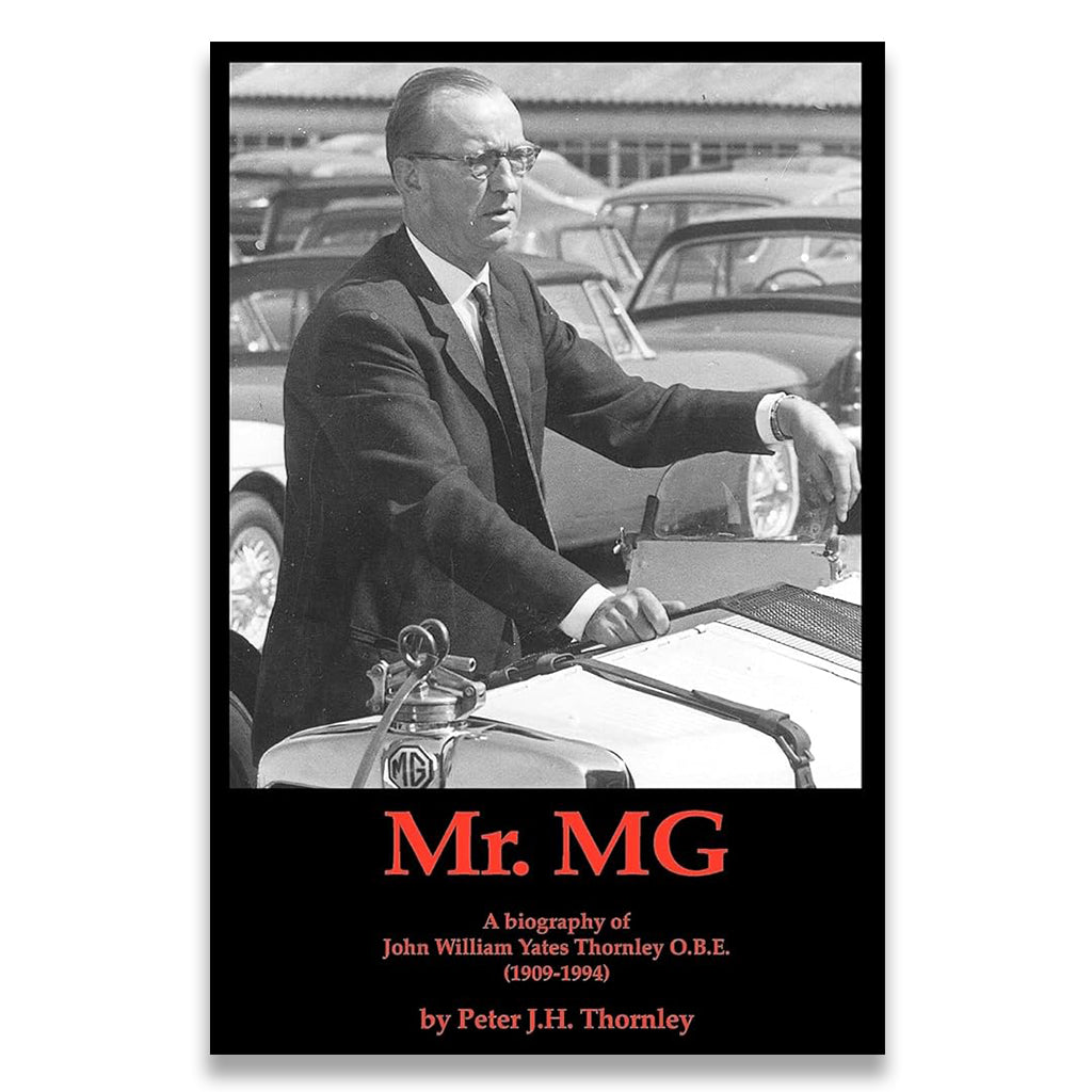 Book cover of 'Mr. MG' with a black and white photo of a man in a suit next to a car.