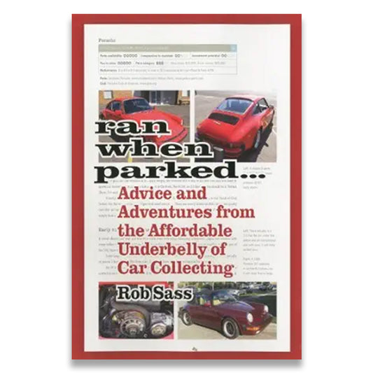 Book cover with red border featuring images of cars and text about car collecting.