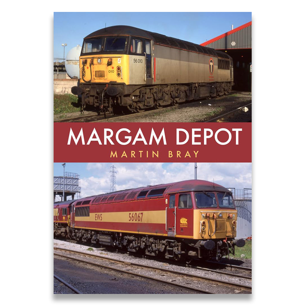 Book cover of 'Margam Depot' by Martin Bray featuring images of trains.