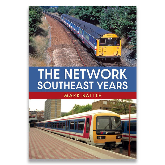 Book cover for 'The Network Southeast Years' by Mark Battle, featuring two photographs of trains: a blue and yellow train on tracks at the top and a cream, red, and blue train at a station at the bottom, with the title in large white text on a blue band across the center.