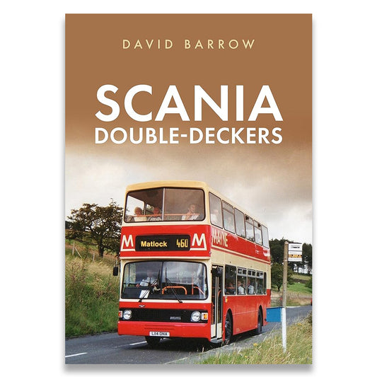 Book cover of 'Scania Double-Deckers' by David Barrow with a red double-decker bus on a road.