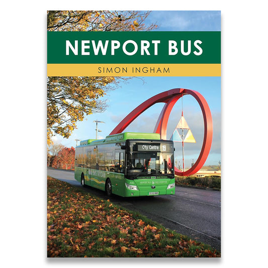 A book cover for 'Newport Bus' by Simon Ingham, featuring a green Newport bus on a road with fallen leaves in the foreground and a large red sculpture in the background under a blue sky.