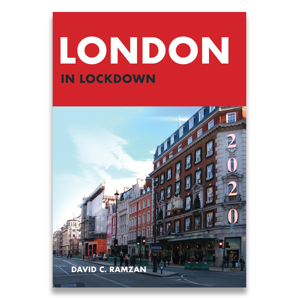 Book cover of 'London in Lockdown' by David C. Ramzan with a red background and cityscape.
