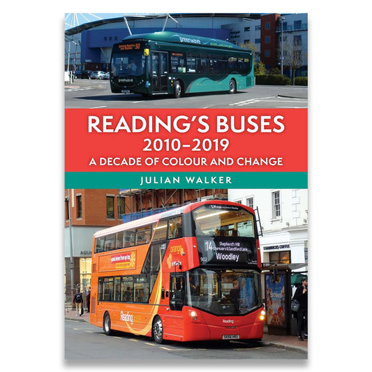 Book cover of 'Reading's Buses 2010-2019' with images of buses and a cityscape.