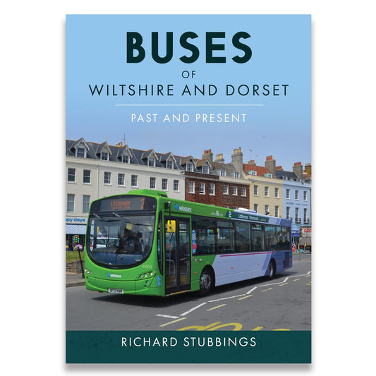 Book cover of 'Buses of Wiltshire and Dorset: Past and Present' with a green bus on a street.