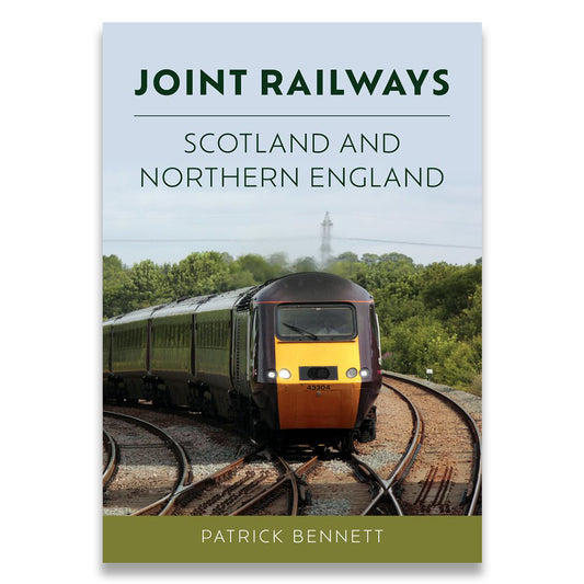Train on tracks with trees and power lines in the background, titled 'Joint Railways Scotland and Northern England' by Patrick Bennett.