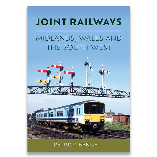 Train on railway tracks with signal lights and a clear blue sky, featuring the text 'Joint Railways Midlands, Wales and the South West' by Patrick Bennett.