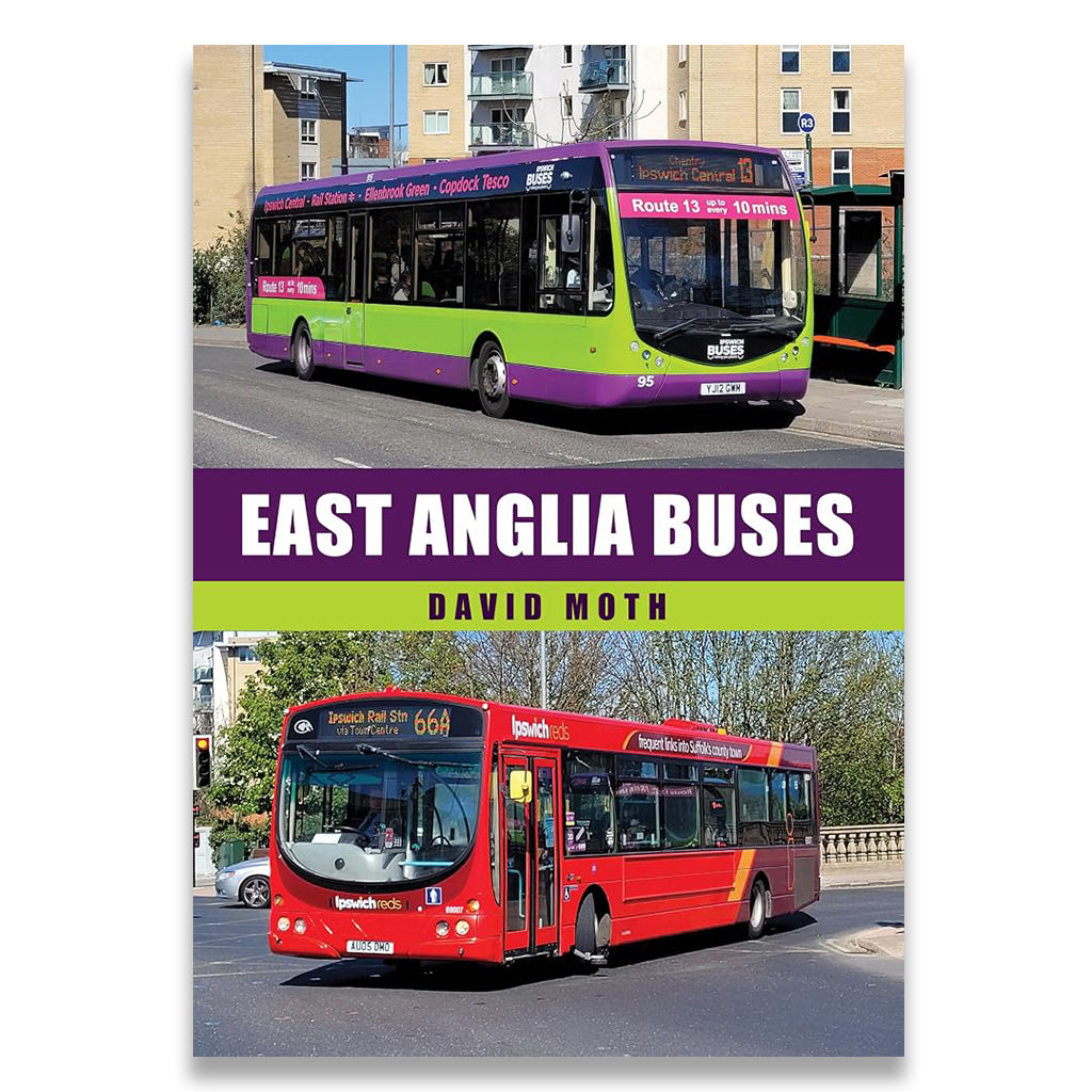 Two buses on a city street with 'East Anglia Buses' text and author name.