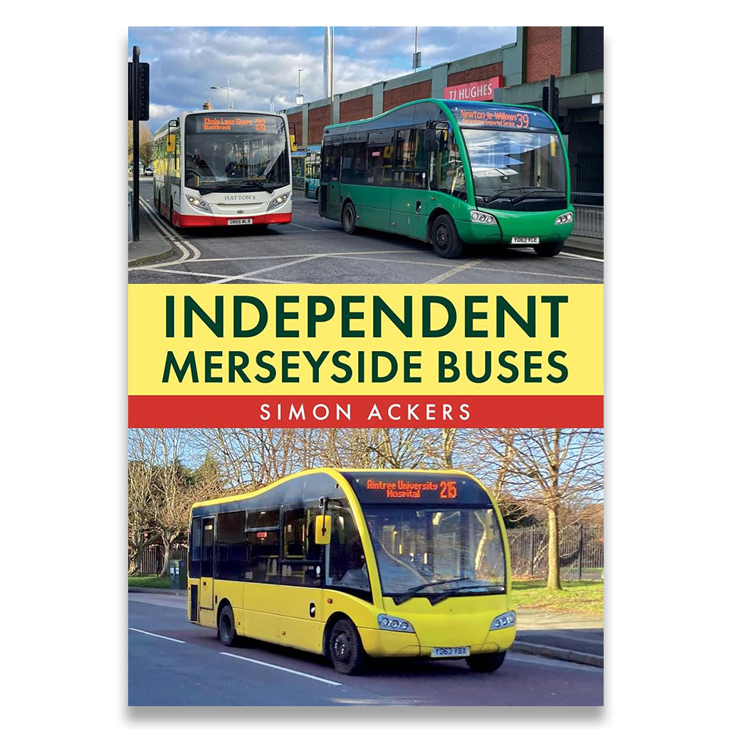 Book cover for 'Independent Merseyside Buses' by Simon Ackers, featuring three different buses on the road: a red and white one at top left, a green one at top right, and a yellow one at bottom left, with a large yellow title band across the center.