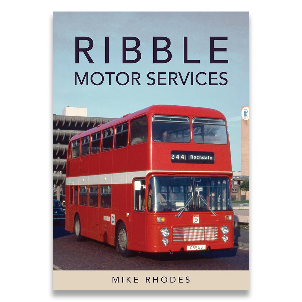 Book cover for 'Ribble Motor Services' by Mike Rhodes, featuring a vintage red double-decker bus on a street scene with large dark title text at the top.