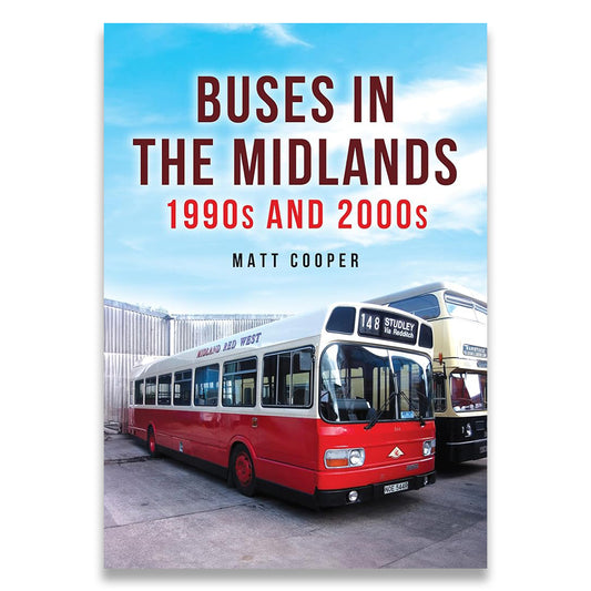 Book cover for 'Buses in the Midlands 1990s and 2000s' by Matt Cooper, featuring a red and white Midland Red West bus in front of a blue sky background.