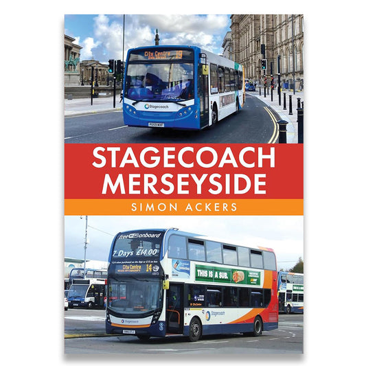 Two buses on a city street with 'Stagecoach Merseyside' branding, featuring the book cover of 'Stagecoach Merseyside' by Simon Ackers.