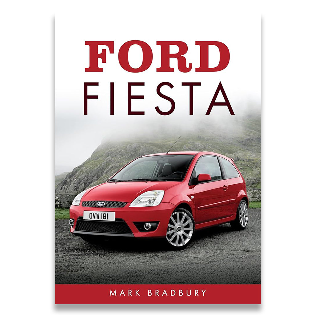 Book cover of 'Ford Fiesta' by Mark Bradbury with a red Ford Fiesta on a mountain road.