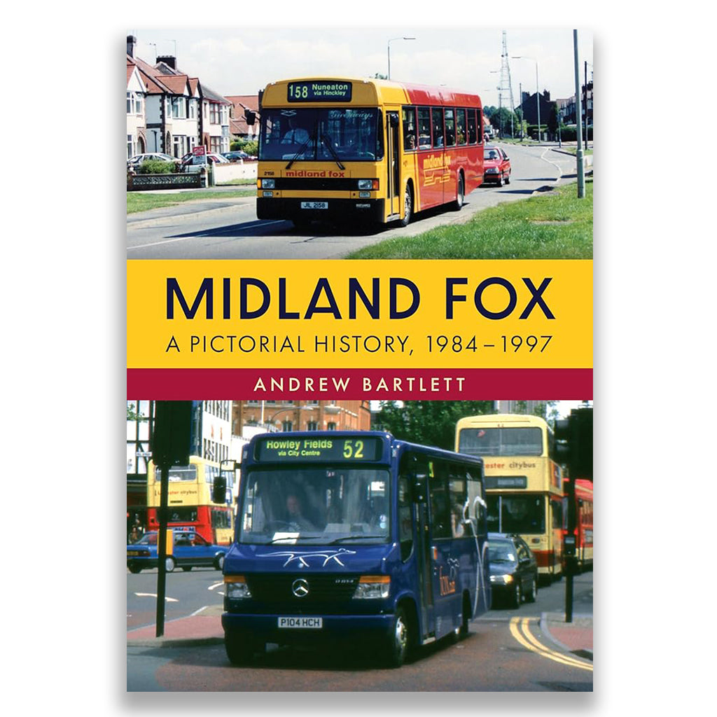 Book cover of 'Midland Fox: A Pictorial History, 1984-1997' with images of buses on a street.