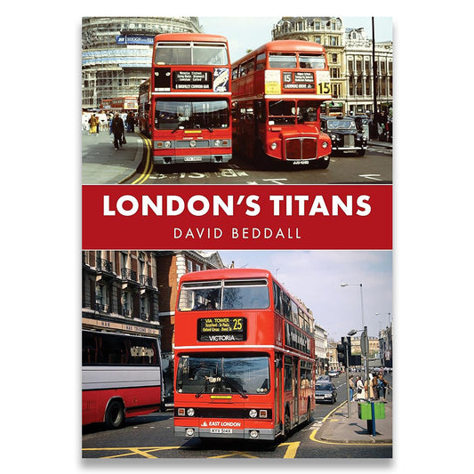 Book cover of 'London's Titans' with images of red double-decker buses on a city street.