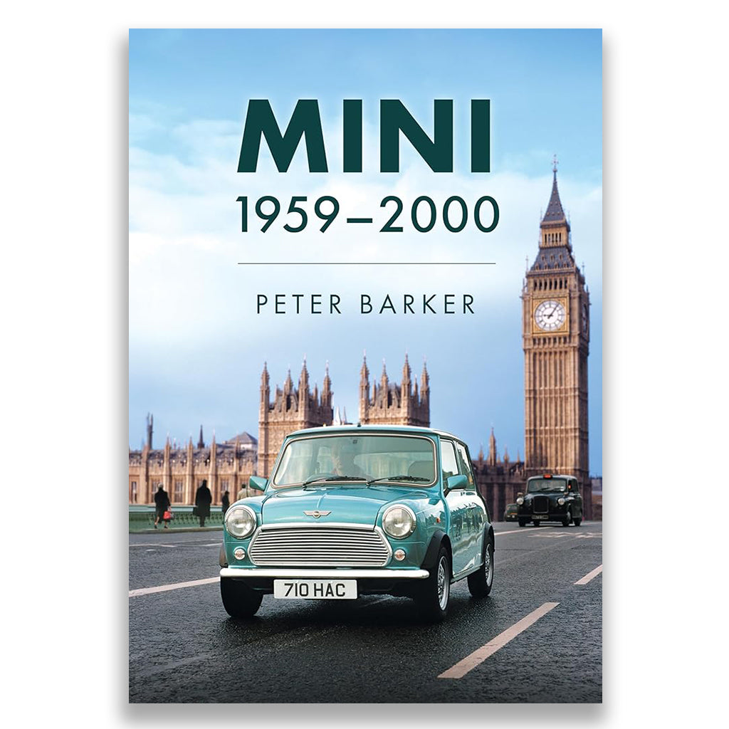 Book cover of 'MINI 1959-2000' by Peter Barker with a vintage Mini car and Big Ben in the background.