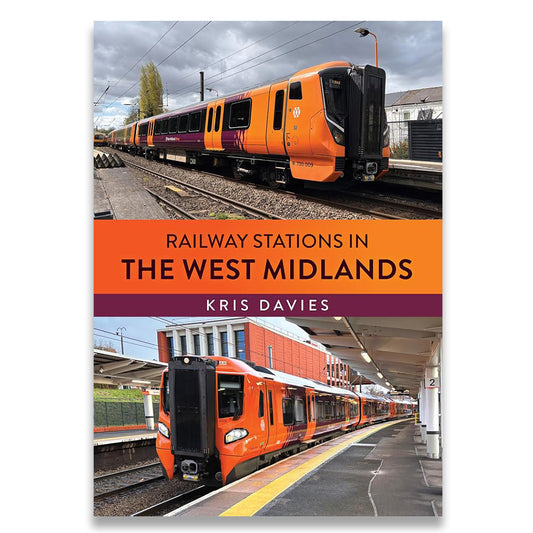 A book cover titled 'Railway Stations in the West Midlands' by Kris Davies, featuring two photographs of orange and purple trains on tracks and at a station platform, with a central orange title band.