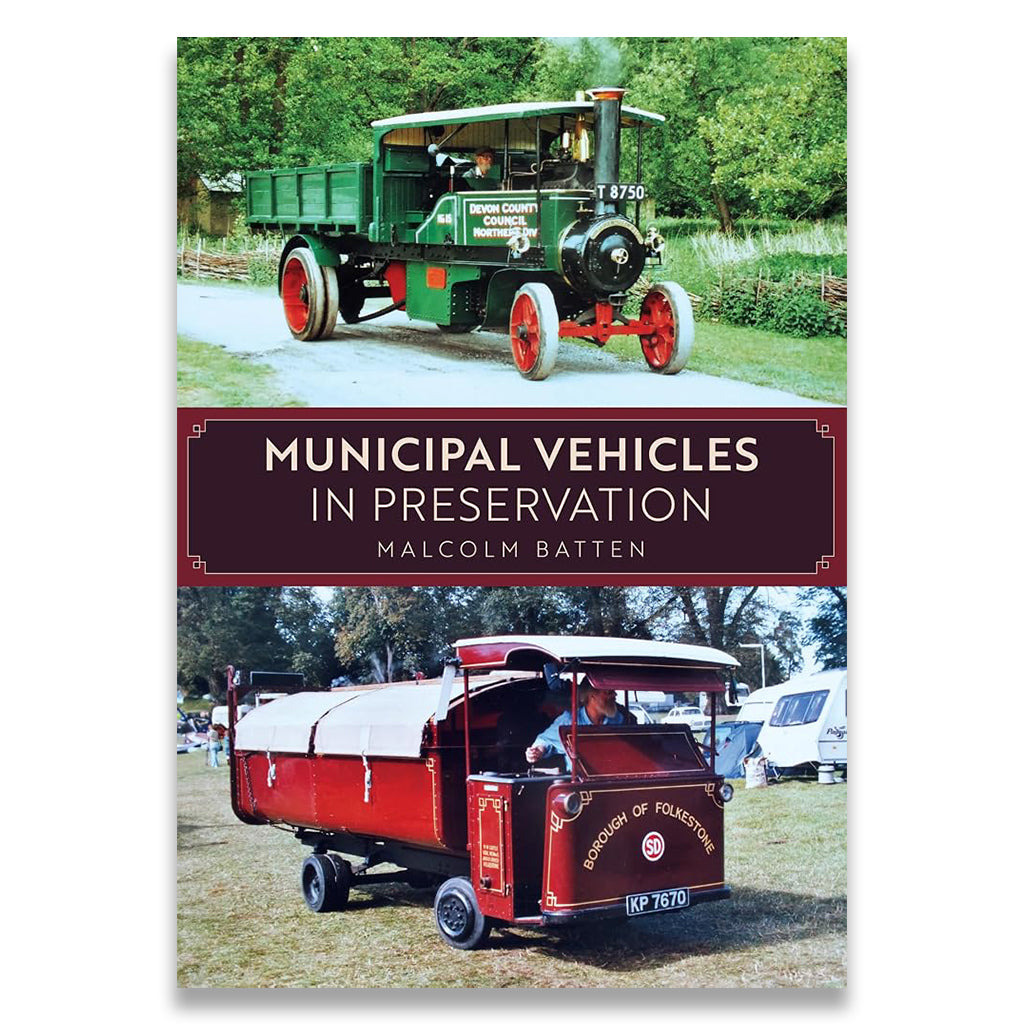 A book cover titled 'MUNICIPAL VEHICLES IN PRESERVATION' by Malcolm Batten, featuring two vintage tractor and lorry photographs: a green and red tractor on a road with trees, and a red lorry on grass at an outdoor event.